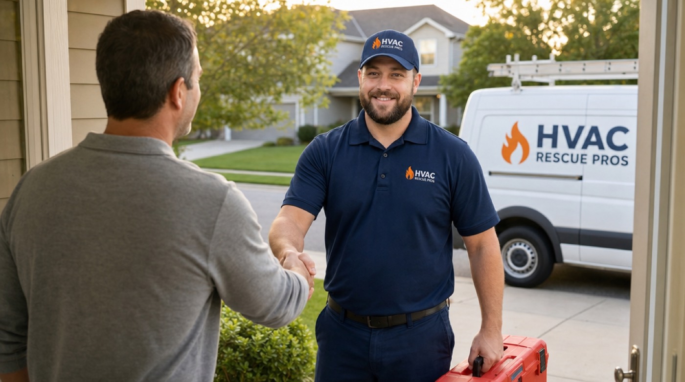 HVAC Rescue Pros technician greeting a homeowner